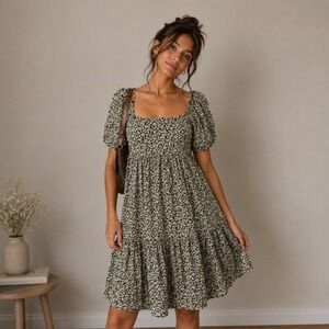Square Neck Puff Sleeve Floral Dress in Olive- Large